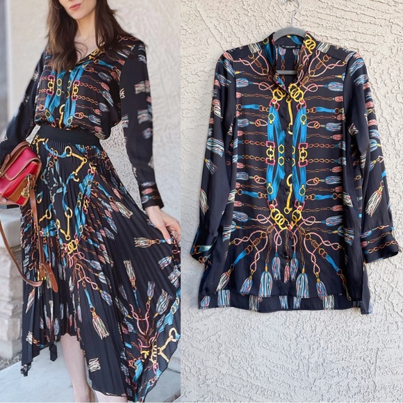 Zara Tops - ZARA BLOGGER FAVE Black & Blue Chain Scarf Printed Long Tunic Blouse Top XS